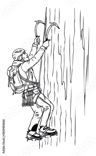 A determined ice climber ascends a challenging frozen wall with specialized gear including ice axes and crampons, perfect for illustrating extreme winter sports and outdoor adventure