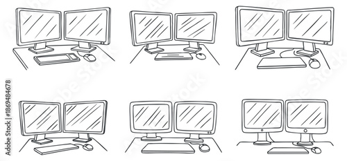 A collection of dual computer monitor setups in minimalist outline vector style, suitable for technology and workspace design projects