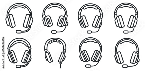 A collection of eight different headphone designs in minimal outline vector style, suitable for music and technology projects.
