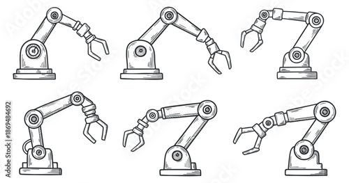 A collection of six robotic arms with varied gripping mechanisms in detailed black and white sketch style, ideal for engineering and technology design