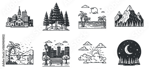 A collection of outdoor landscapes including a city skyline, forest, beach, mountains, and parks in black and white vector style, ideal for travel and nature-themed projects