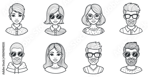 A collection of diverse male and female avatars wearing sunglasses in black and white outline vector style, suitable for social media or branding projects