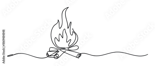 Bonfire drawing in continuous line style representing warmth and adventure, perfect for outdoor recreation materials, camping event branding, or minimalist graphic projects.