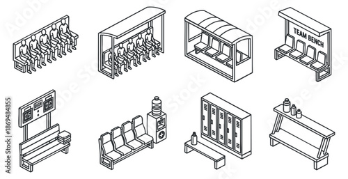 A collection of sports equipment and seating elements in outline isometric vector style, ideal for sports-related projects and designs