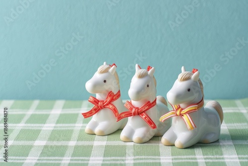 Three Ceramic Horses with Ribbons on Green Gingham Tablecloth, Light Blue Background