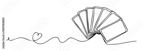Minimalist continuous line drawing illustrating a flowing connection between a delicate heart symbol and a fanned out group of blank cards, suitable for themes of emotion and opportunity