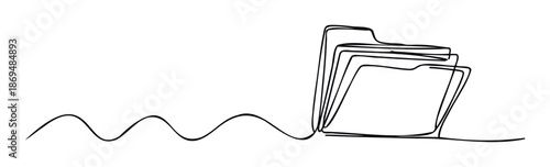 A flowing continuous line connecting an abstract wavy pattern to a stack of digital document folders symbolizing data organization and workflow for business and technology presentations