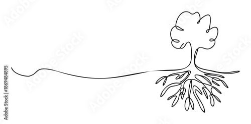 A minimal continuous line drawing of a stylized tree with prominent roots, representing interconnectedness and growth, ideal for sustainable development promotions, nature education, or