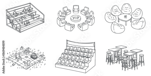 A collection of various seating arrangements and furniture designs in minimalist outline vector style, ideal for interior design projects
