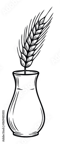 Simple black outline drawing presenting a single wheat spike with detailed grains and awns inside a decorative vase, perfect for food industry marketing and organic farm branding projects.