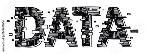 Stylized digital typography forming the word DATA with intricate circuit board elements and electronic connections perfect for technology branding software development and data analytics IT