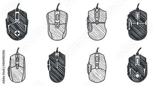 A collection of eight computer mice in detailed sketch style, ideal for technology and gaming-related designs