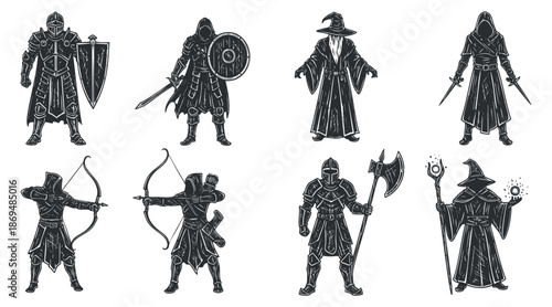 A collection of fantasy character icons featuring warriors, mages, and archers in black and white vector style, ideal for gaming and roleplay projects