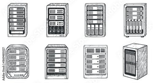 A collection of eight server illustrations in detailed outline style, suitable for technology and IT-related projects