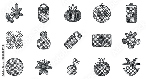 A collection of fruit and vegetable icons in an outline vector style, perfect for health and nutrition designs