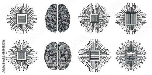 A collection of brain and microchip icons in geometric outline vector style, suitable for technology and innovation projects