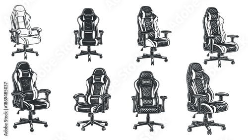 A collection of eight ergonomic gaming and office chairs in black and white outline vector style, perfect for furniture design projects