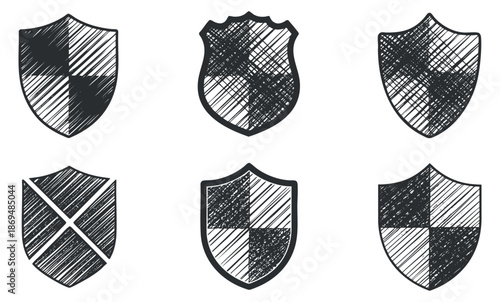 A collection of six hand-drawn shields in black and white outline style, ideal for security or branding designs