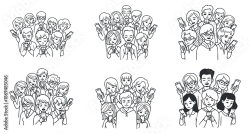 A collection of diverse individuals holding smartphones in a minimalist line art vector style, suitable for social media and technology themes
