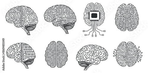 A collection of brain illustrations featuring technology and circuit designs in modern outline vector style, suitable for educational and tech-related projects
