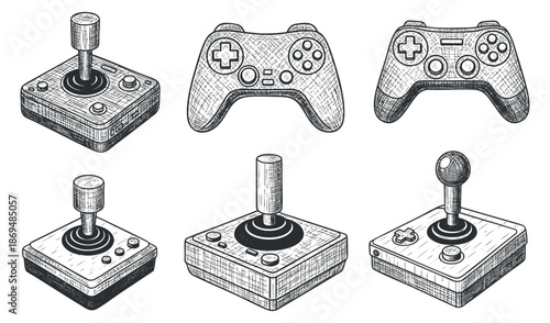 A collection of video game controllers and joysticks in detailed sketch vector style, perfect for gaming-themed designs