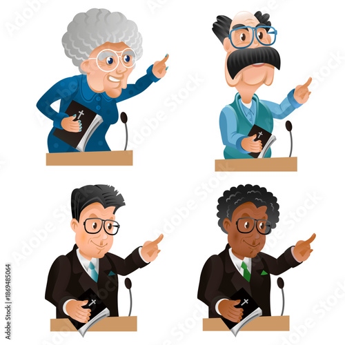 Priest giving speech from tribune. Four different preacher persons. Pastor female and Male servant of god. Vector illustration on white