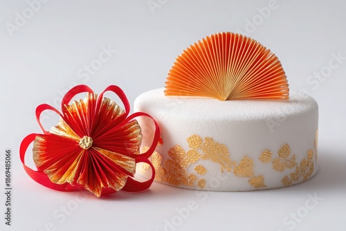Traditional Japanese Cake Decoration: Red Paper Flower and Orange Fan on White Cake