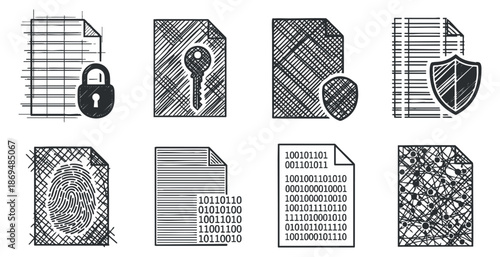 A collection of security-themed document icons including lock, key, fingerprint, and shield in geometric outline vector style, suitable for cybersecurity projects