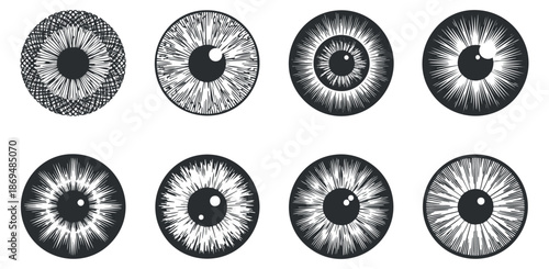 A collection of eight unique eye designs featuring intricate iris patterns in minimalist black and white vector style, suitable for artistic projects and graphic design.