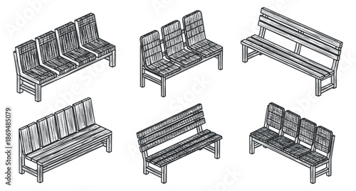 A collection of wooden benches in various designs and styles, illustrated in black and white line art, suitable for outdoor and indoor settings