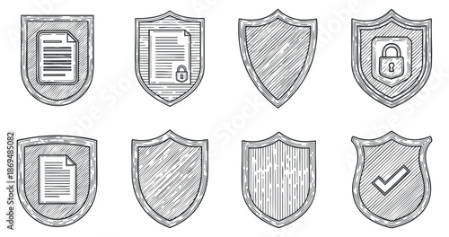 A collection of security shield icons featuring document, lock, and checkmark designs in black and white outline vector style, suitable for digital security branding