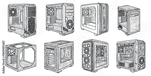 A collection of computer cases in detailed outline vector style, suitable for tech-themed design projects and illustrations