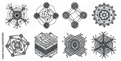 A collection of geometric network patterns and abstract designs in black and white vector style, suitable for technology and science themes