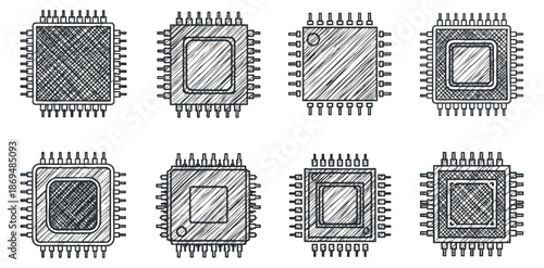 A collection of eight hand-drawn microchip illustrations in sketch style, suitable for technology-related projects and designs