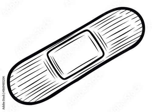 Hand drawn bandage or medical plaster graphic symbolizing first aid, wound care, and health recovery, perfect for healthcare communication materials or emergency information.