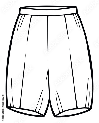 Simple black outline drawing of comfy bloomer shorts for women or children, perfect for clothing catalogs, fashion illustrations, or casual wear designs