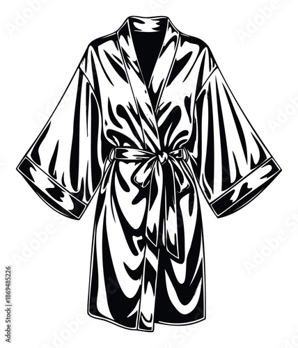 A stylish black and white graphic depiction of a comfortable satin robe or luxurious dressing gown, perfect for conveying elegance and relaxation in lifestyle marketing materials or apparel