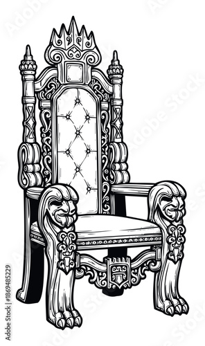 Ornate royal throne chair in a detailed vintage woodcut style, perfect for historical design projects, luxury branding, or regalthemed events and merchandise
