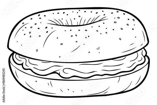 A simple black and white line drawing of a delicious bagel sandwich filled with creamy spread, perfect for breakfast menus, bakery signage, or foodthemed educational materials.