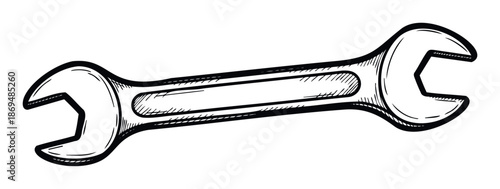 Hand drawn open end wrench tool for mechanical repair and maintenance service tasks, workshop equipment, and industrial construction projects.