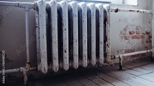 Close-up View of a Vintage Radiator with Rust and Cracked Paint Detailing a Rustic Interior