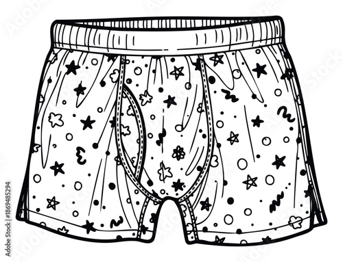 Black and white handdrawn boxer shorts for men or boys adorned with fun stars, dots, and squiggles, ideal for apparel graphics, textile prints, or childrens product packaging.