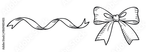 Hand drawn curly ribbon and elegant tied bow graphic perfect for festive decorations, event announcements, childrens craft projects, and celebratory gift wrapping applications.