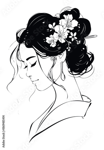 Stylized black and white drawing of an elegant Asian woman with an ornate floral updo for cultural event promotions and serene spiritual wellness applications.