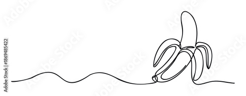Simple elegant continuous line drawing of a peeled banana with a flowing wavy stem line, perfect for healthy food branding, fruit snack promotions, or modern kitchen aesthetics.