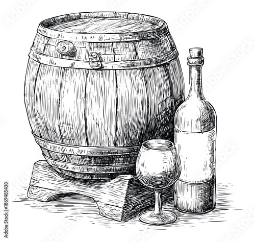 Rustic wine cellar setting with a classic wooden barrel, an elegant glass, and a sealed bottle for vintage beverage and traditional tasting concepts