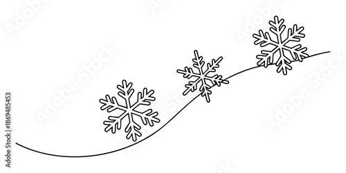 Minimalist outline drawing featuring three unique snowflakes arranged gracefully along a curved line, perfect for winter season greetings, holiday event decorations, and cozy festive themed