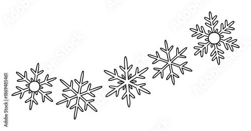 Simple outline snowflakes arranged in a diagonal line create a minimalist winter holiday graphic perfect for seasonal greetings, event invitations, or festive decorations.