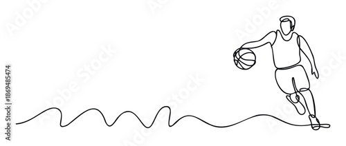 Dynamic continuous line drawing capturing a basketball player skillfully dribbling a ball, suitable for sports marketing materials, active lifestyle blogs, or fitness campaign visuals.