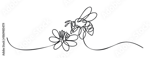 Elegant continuous line drawing of a flying bee approaching a delicate flower, perfect for naturethemed projects, environmentally conscious branding, and harmonious springtime event